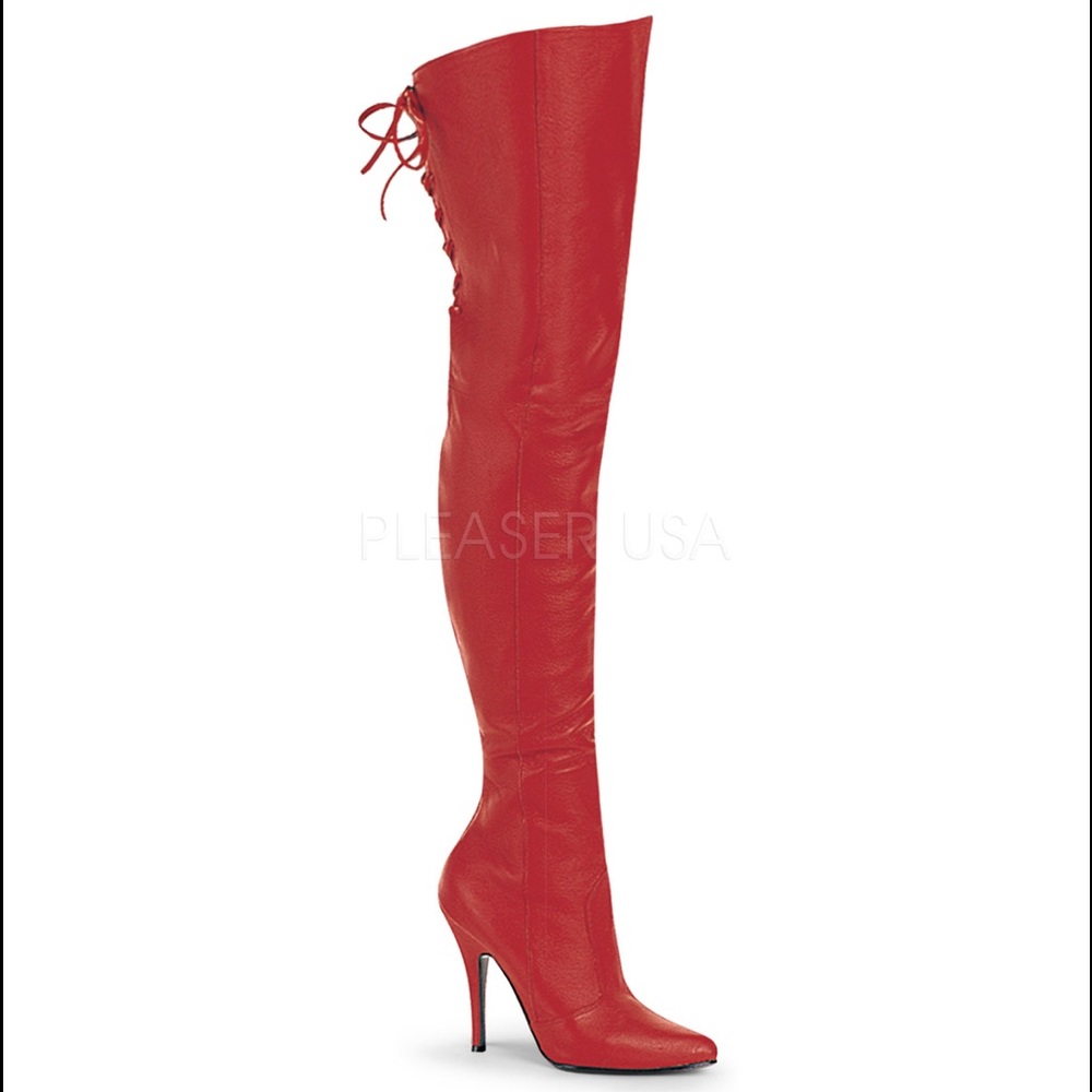 Red thigh high spike heal leather boots fetish - Picture 1 of 6